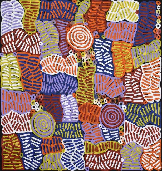 Betty Mbitjana, My Mother's Story, 2016, synthetic polymer paint on canvas, 96 x 90 cm