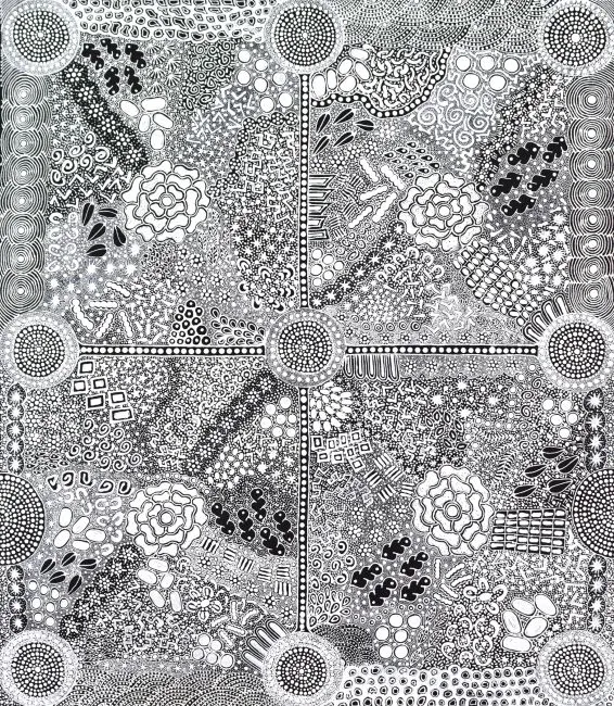 Margaret Wallace, Bush Tucker, 2016, synthetic polymer paint on canvas, 94 x 118