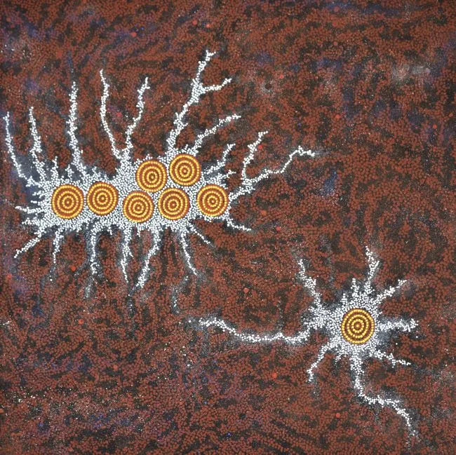 Gabrielle Possum Nungarrayi, Seven Sisters Dreaming, 2016, synthetic polymer paint on Belgian linen, 92 x 92 cm