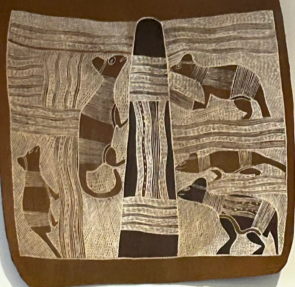 Narritjin Maymuru, Possum Tree Dreaming, 1975, natural earth pigments on bark, 43 x 41 cm