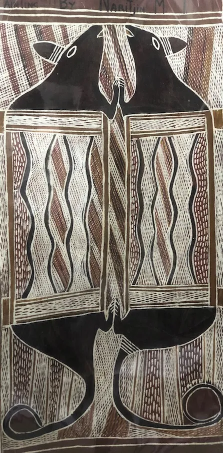 Narritjin Maymuru, Two Possums, 1965, natural earth pigments on bark, 68 x 32 cm
