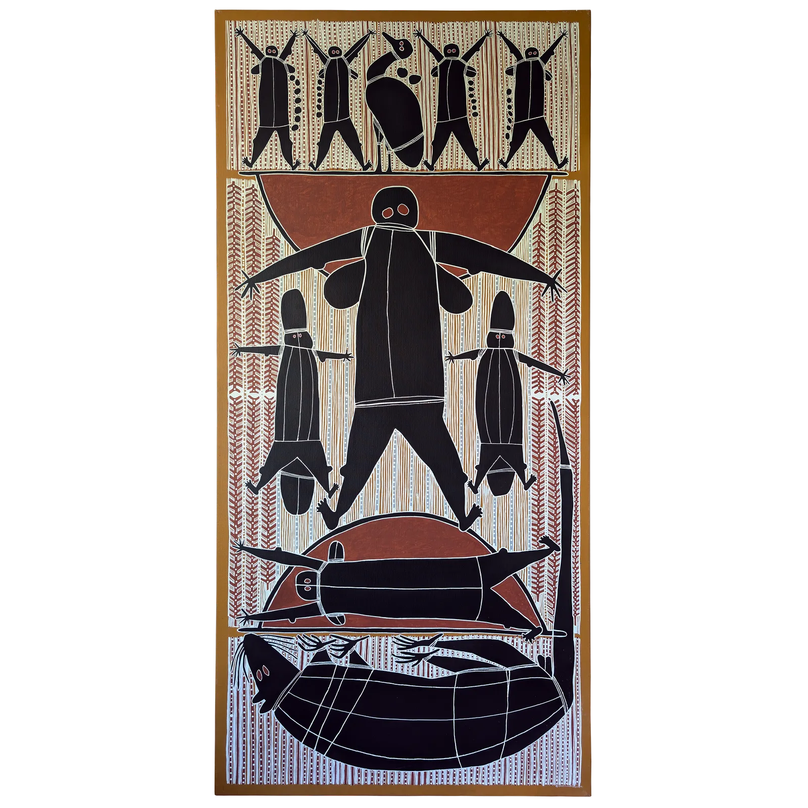 John Cummins, Mara - The Black Duck, Gomai the Water Rat, 2005, synthetic polymer paint on Belgian linen, 198 x 92 cm