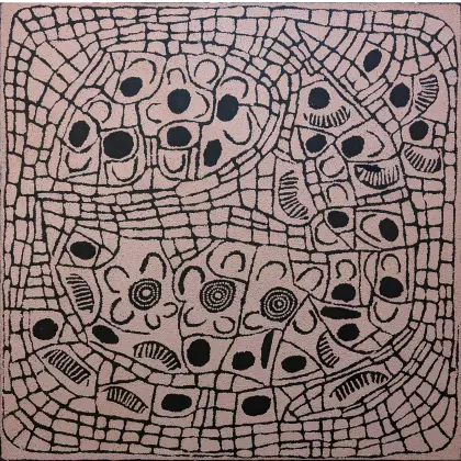 Ningura Gibson Napurrula, Wirrulnga, East of Kiwirrkura, 1999, synthetic polymer paint on Belgian linen, 121 x 122 cm