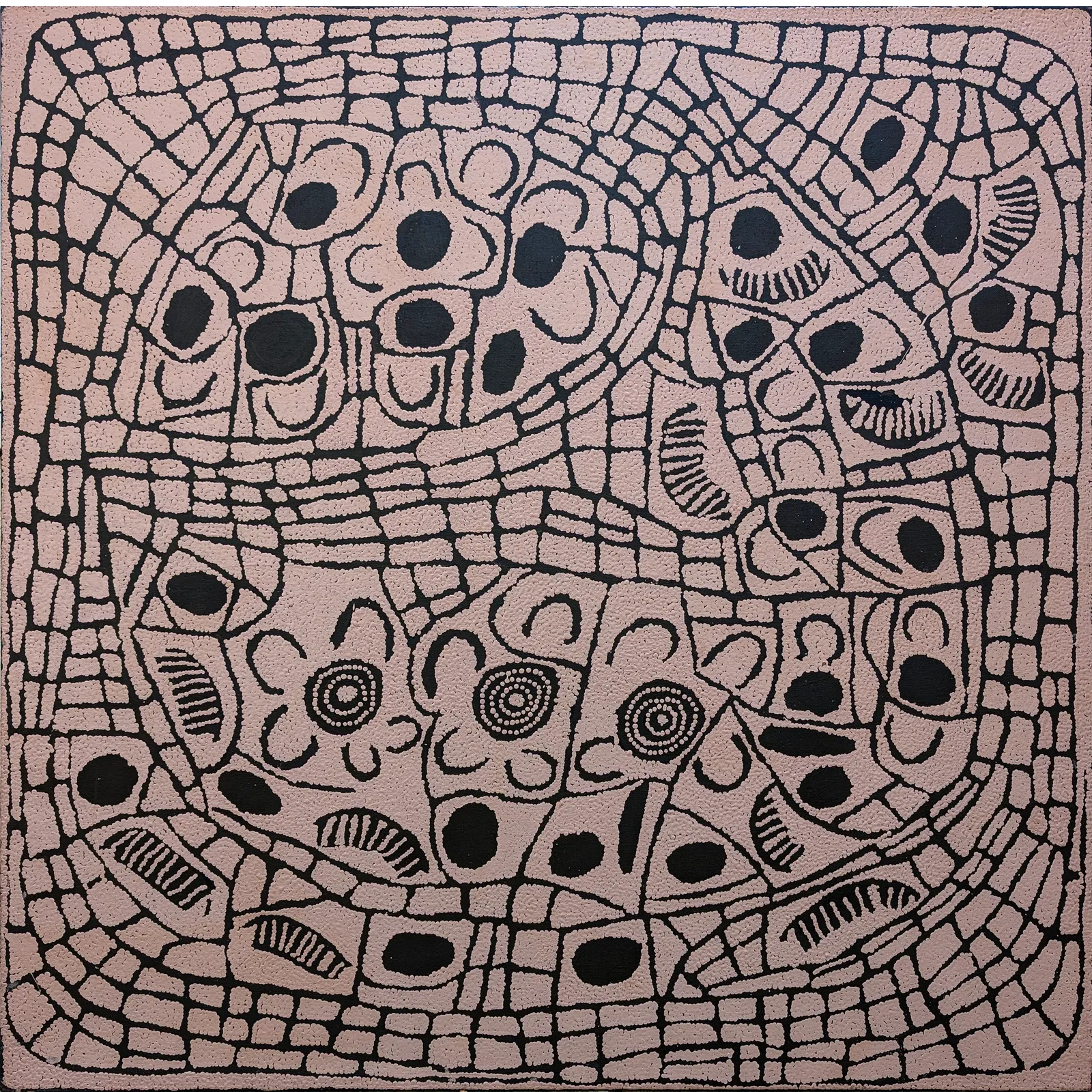 Ningura Gibson Napurrula, Wirrulnga, East of Kiwirrkura, 1999, synthetic polymer paint on Belgian linen, 121 x 122 cm