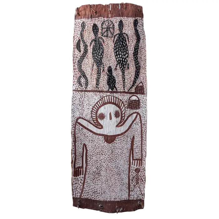 Lily Karadada, Wandjina, 1995, natural earth pigments on bark, 97 x 35 cm