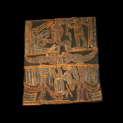 Maminyamandja Nandabitta, Crocodile Hunting, 0.196, natural earth pigments on bark, 53 x 30cm