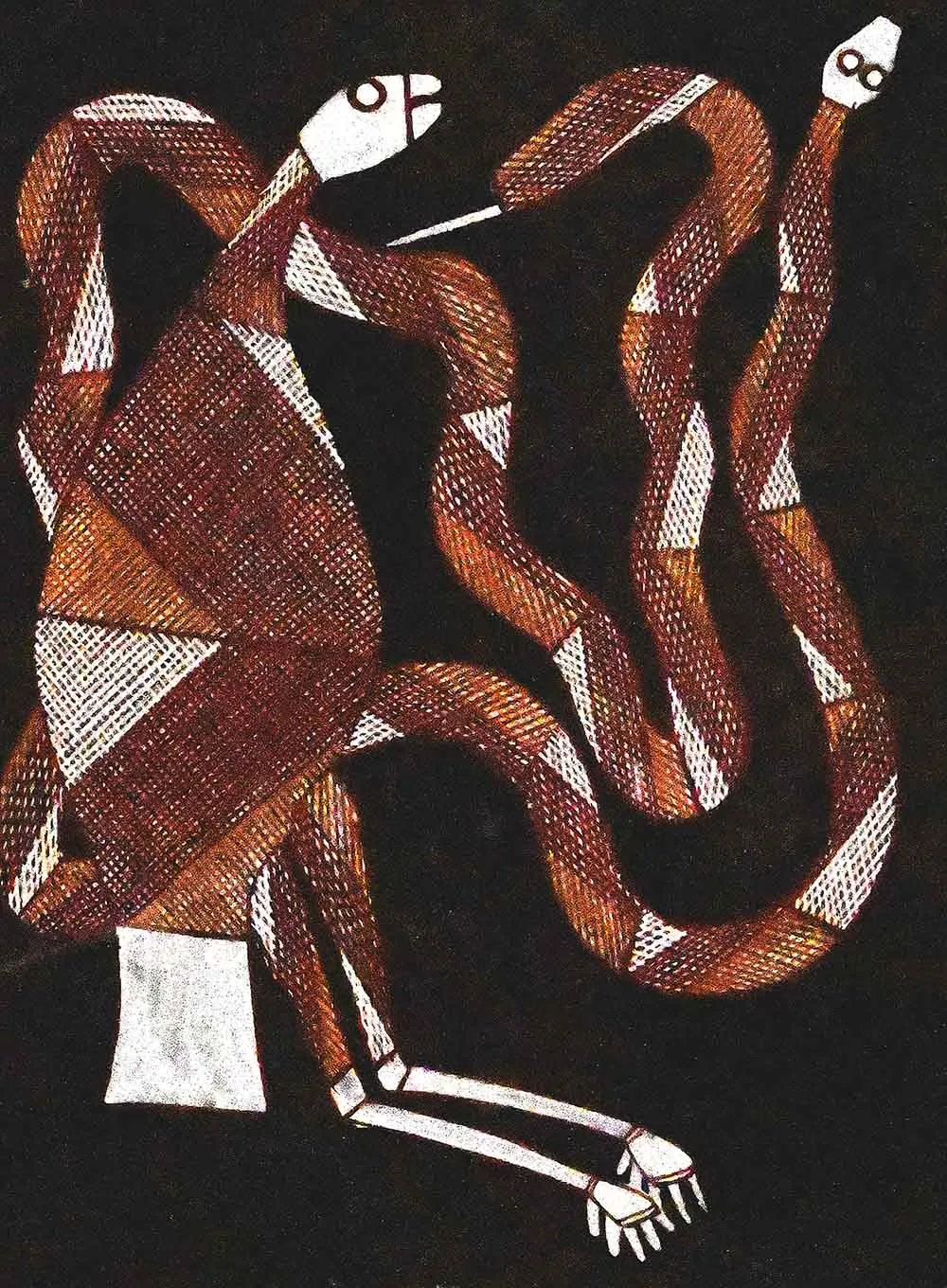 Lawrence Nganjmirra, White Cockatoo and Python, 1993, natural earth pigments on paper, 45 x 30 cm