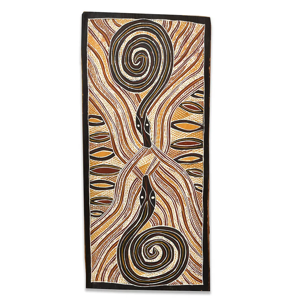 Lorraine  Marawili, Lightning Snakes*, natural earth pigments on bark, 23 x 53 cm