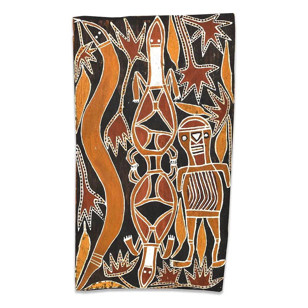 David Malangi Daymirringu, Untitled*, natural earth pigments on bark, 64 x 36 cm