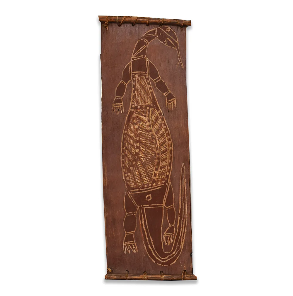 Attributed to Miridjowie, Goanna*, 1965, natural earth pigments on bark, 46 x 15 cm