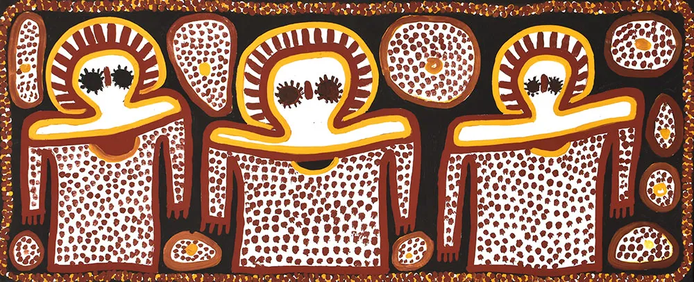 Lily Karadada, Three Wandjina, natural earth pigments on canvas, 40 x 100 cm