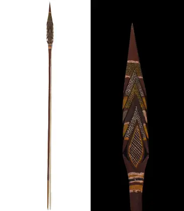 Artist Once Known, Tiwi Ceremonial Spears (Pair), c.1980s, natural earth pigments on carved wood, 208 cm & 210 cm