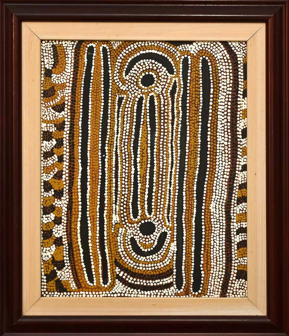 Gladys Napangardi Tasman, Two Men (Wati-Jarra), 1995, synthetic polymer paint on canvas, 51 x 41 cm frame: 66 x 56 cm