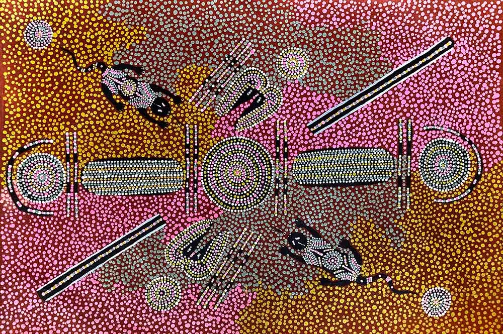 Wenton  Rubuntja, Blue Tongue Lizard Dreaming at Jessie Gap, 1997, synthetic polymer paint on Belgian linen, 61 x 91 cm