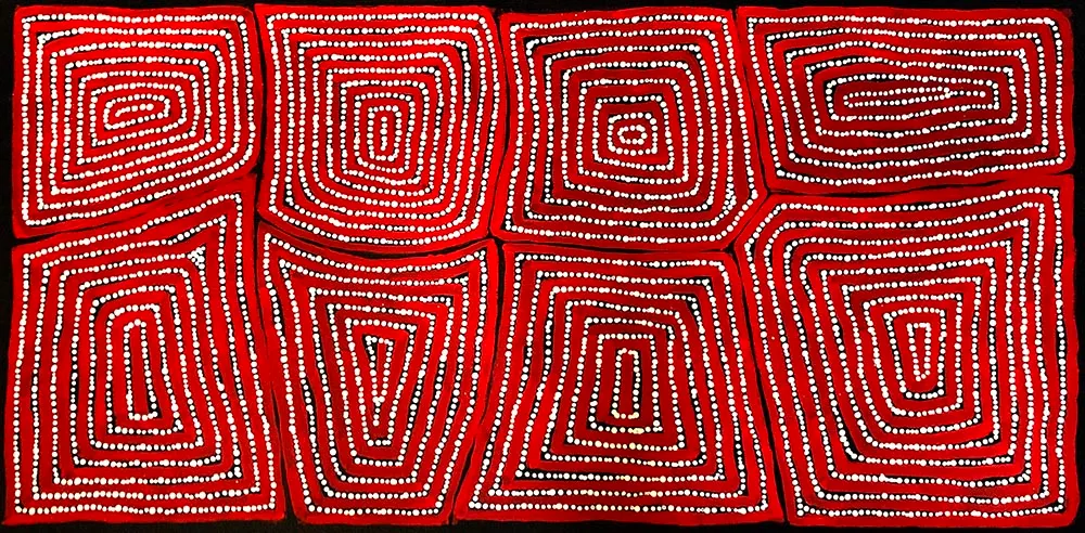 Thomas Tjapaltjarri, Tingari Cycle, synthetic polymer paint on canvas, 46 x 95 cm