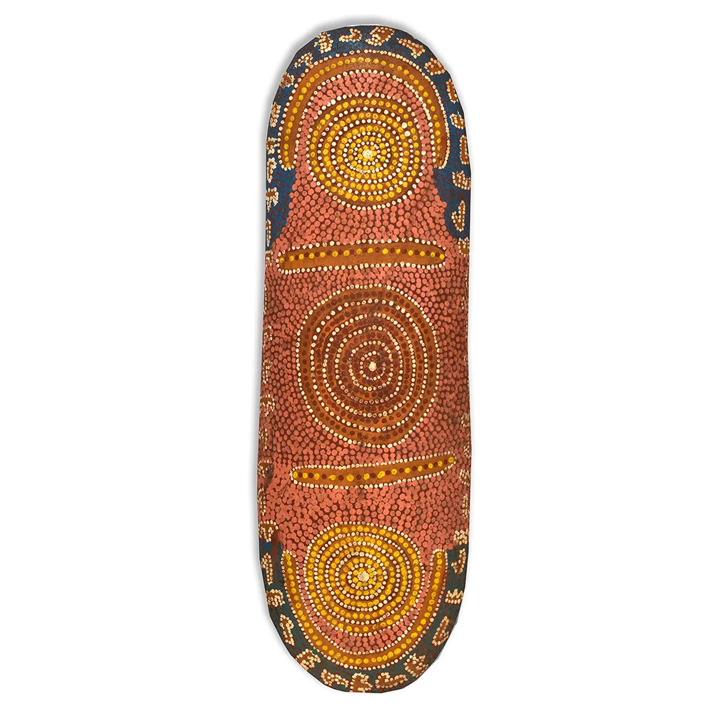 Artist Once Known, Large Decorated Shield Central Desert, synthetic polymer paint on carved wood, 73 x 23 cm
