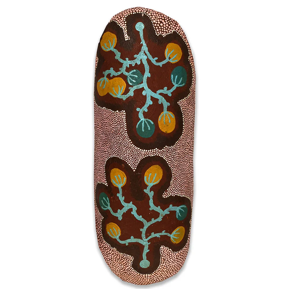 Artist Once Known, A Central Desert Decorative Coolamon, 0.199, synthetic polymer paint on carved wood, 54 x 19 cm
