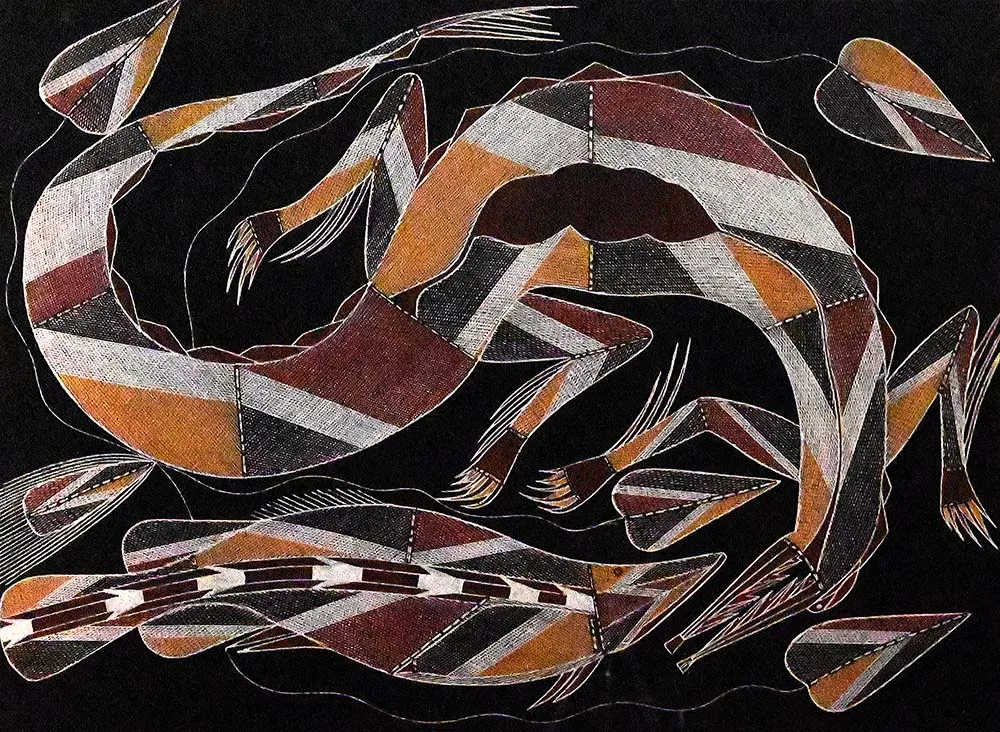 Ross Yulidjirri, Kinga, Namarnkol, Mandem, 1995, natural earth pigments on paper, 56 x 76 cm (image) 80 x 102 cm (frame)