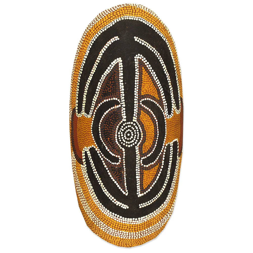 Artist Once Known, Large Decorated Coolamon Central Desert, 1980, synthetic polymer paint on carved wood, 64 x 30 cm