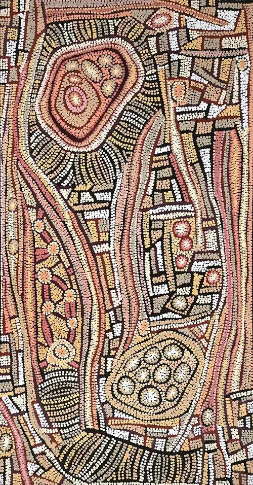 Esther Bruno Nangala, Bush Raisin (Marapinti), 2021, synthetic polymer paint on Belgian linen, 60 x 120 cm