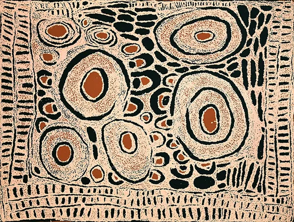 Nyurapayia (Mrs Bennett) Nampitjinpa, Rockholes Site of Yumarra, 2007, synthetic polymer paint on Belgian linen, 121 x 91 cm