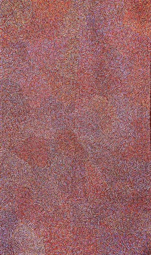 Genevieve Loy Kemarre, Akwerlkerrmwerlkerr  - Bush Turkey Tracks, 2019, synthetic polymer paint on Belgian linen, 91 x 152 cm