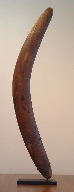 Guwaykuway Wanambi, Boomerang,Kimberley,WA,delicate fine linear fluting front and back,lustrous old patina,possibly pre contact, 1890, carved hardwood, 69cm