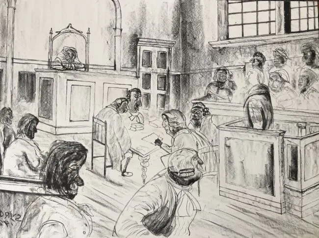 Gordon Syron, Judgement By His Peers, dry point (unique print), 56 x 77