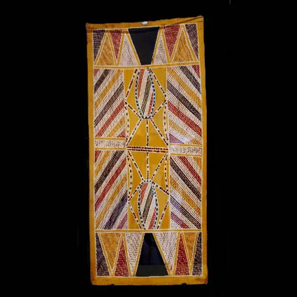 Mickey Ganambarr Daypurryun, Sacred Squid, natural earth pigments on bark, 57 x 23 cm