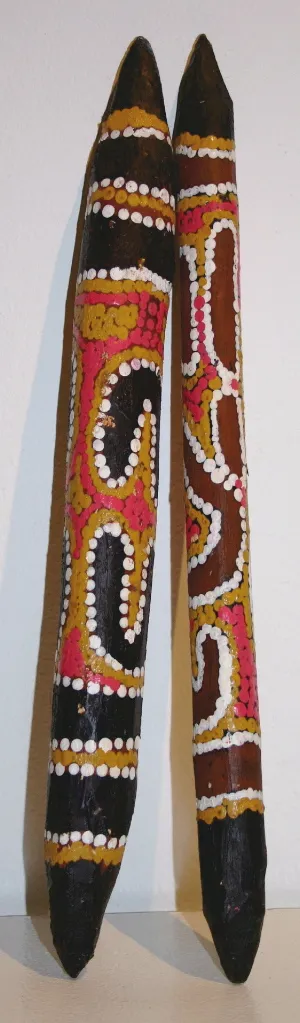 Louis Karadada, Clapping sticks (pair), synthetic polymer paint on wood, 40 x 4cm