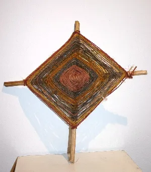 Anna Mundlirride, Woven Spider Web, natural earth pigments, string and wood, 38 x 38cm