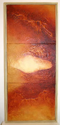 Karen Casey, Origin, c.1995, synthetic polymer paint on canvas, 3 x 20 x 25 cm (triptych)