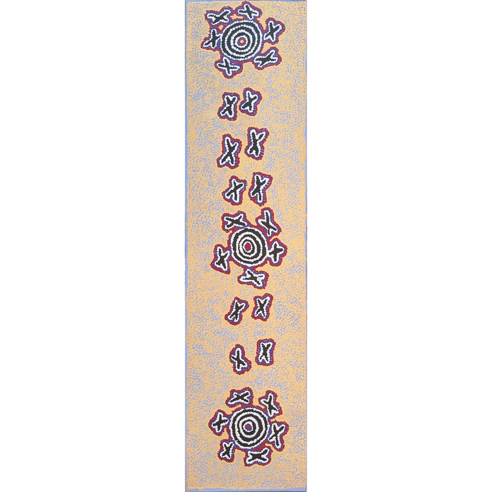 Paddy Japaljarri Stewart, Green Budgerigar Dreaming, 2005, synthetic polymer paint on Belgian linen, 121 x 30cm
