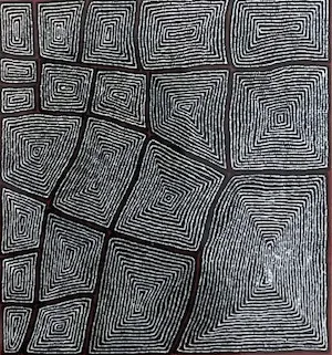 Thomas Tjapaltjarri, Tingari at Wilkinkarra, 2020, synthetic polymer paint on canvas, 112 x 101 cm