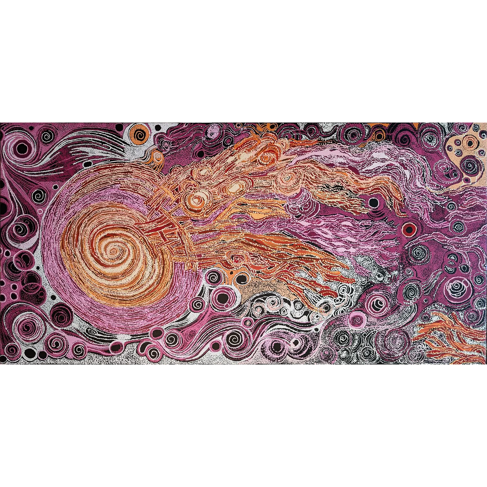 Madeline Curley & Carolanne Ken, Seven Sisters & Minma Malilu, 2022, synthetic polymer paint on linen, 100 x 202 cm