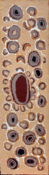 Inyuwa Nampitjinpa, Pukunya, 1998, synthetic polymer paint on Belgian linen, 48 x 169 cm