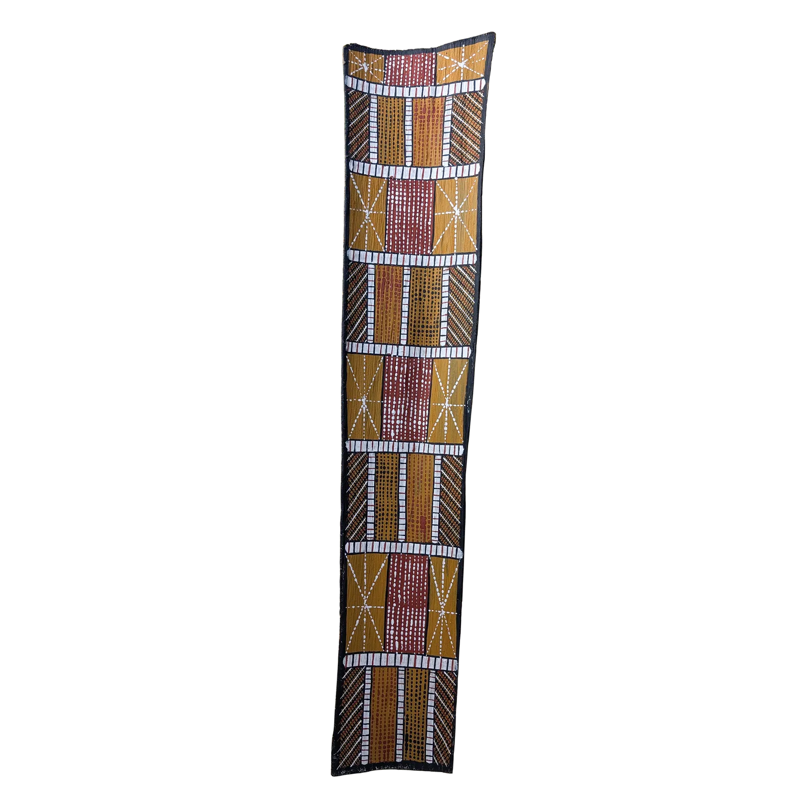 Pedro Wonaeamirri, Pwoja-Pukumani Body Paint Design, 2022, natural earth pigments on stringybark, 79 x 15 cm