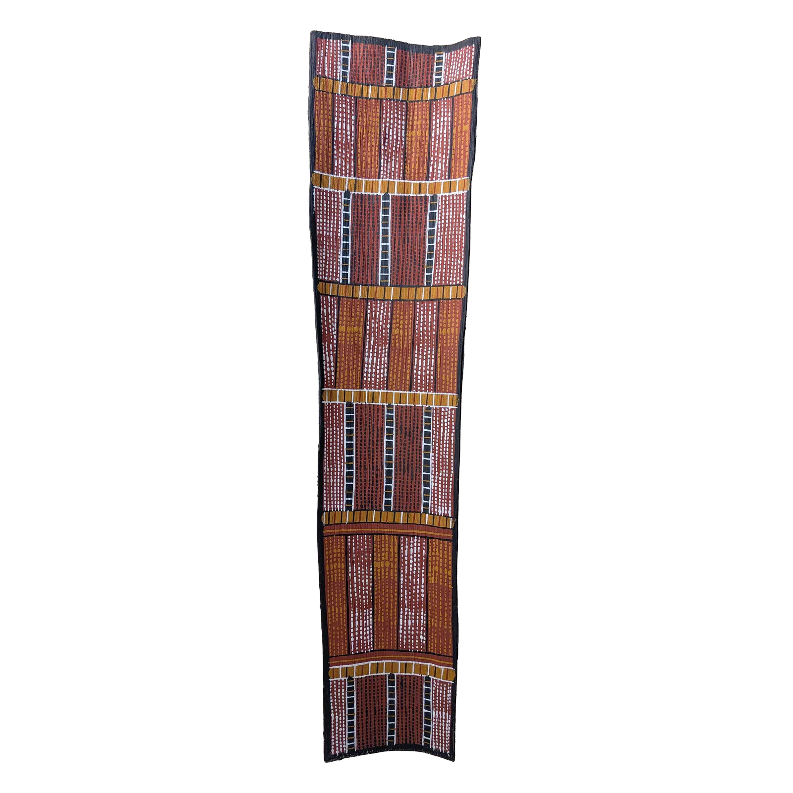 Pedro Wonaeamirri, Pwoja-Pukumani Body Paint Design, 2022, natural earth pigments on stringybark, 79 x 17 cm