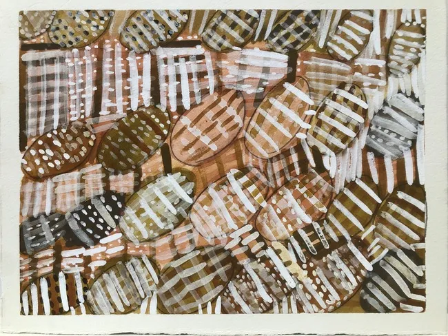 Lorna Kantilla, Jukwarringa (mud mussels), 2021, natural earth pigments on paper, 29 x 38 cm