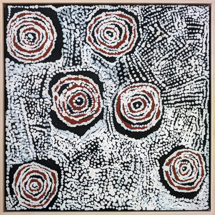 Bill Whiskey Tjapaltjarri, Untitled, synthetic polymer paint on canvas board, 40.6 x 40.6 cm