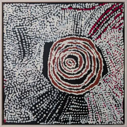 Bill Whiskey Tjapaltjarri, Untitled, synthetic polymer paint on canvas board, 40.6 x 40.6 cm