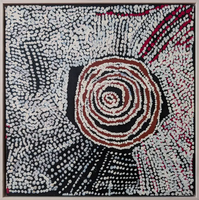 Bill Whiskey Tjapaltjarri, Untitled, synthetic polymer paint on canvas board, 40.6 x 40.6 cm