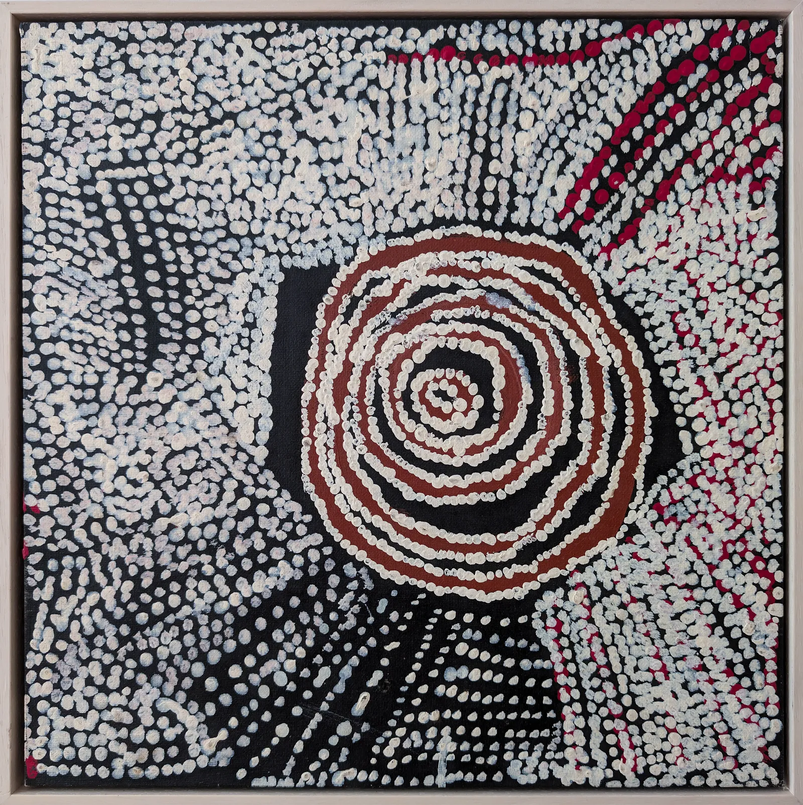 Bill Whiskey Tjapaltjarri, Untitled, synthetic polymer paint on canvas board, 40.6 x 40.6 cm