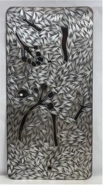Gapularni Wanambi, Gurka'wuy (bees, Marrakulu clan), 2022, etched aluminium, 60 x 30 cm