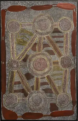 Ronnie Tjampitjinpa, Yala and Tingari Dreamings, 1977, synthetic polymer paint on Belgian linen, 123 x 78 cm