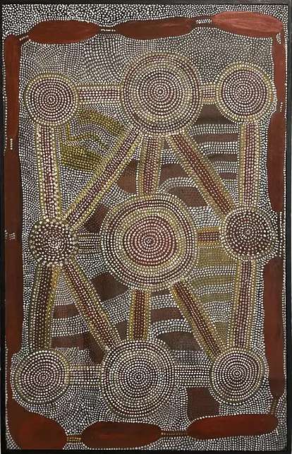 Ronnie Tjampitjinpa, Yala and Tingari Dreamings, 1977, synthetic polymer paint on Belgian linen, 123 x 78 cm