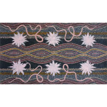 Clifford Possum Tjapaltjarri, Corkwood Dreaming, 2001, synthetic polymer paint on Belgian linen, 134.5 x 77.5 cm