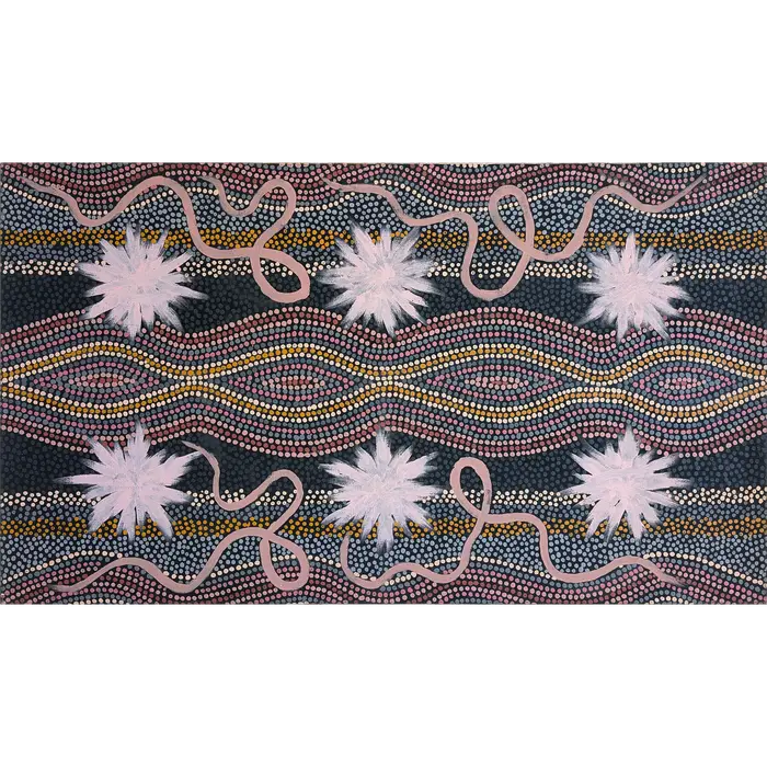 Clifford Possum Tjapaltjarri, Corkwood Dreaming, 2001, synthetic polymer paint on Belgian linen, 134.5 x 77.5 cm