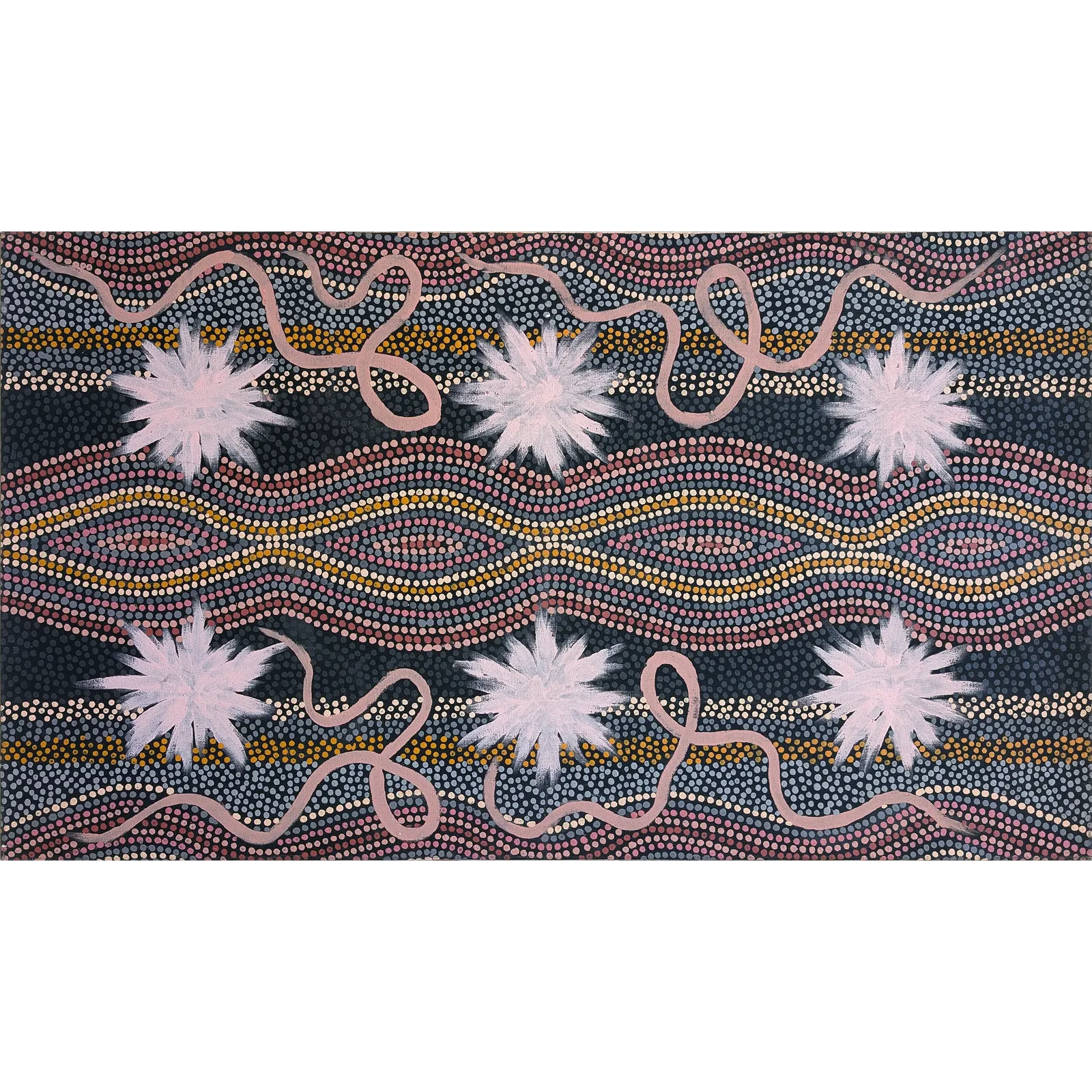 Clifford Possum Tjapaltjarri, Corkwood Dreaming, 2001, synthetic polymer paint on Belgian linen, 134.5 x 77.5 cm