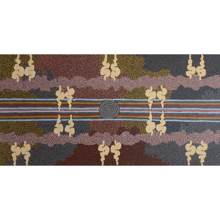 Clifford Possum Tjapaltjarri, Corkwood Dreaming, 1996, synthetic polymer paint on Belgian linen, 147.5 x 75.5 cm